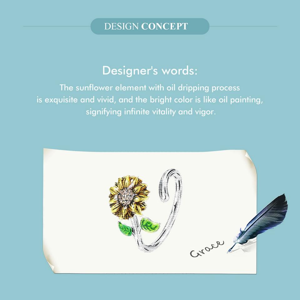 WOSTU Anéis clássicos de abertura de girassol para mulheres, prata esterlina 925, pintura a óleo, flor, zircônia, declaração, presente de festa