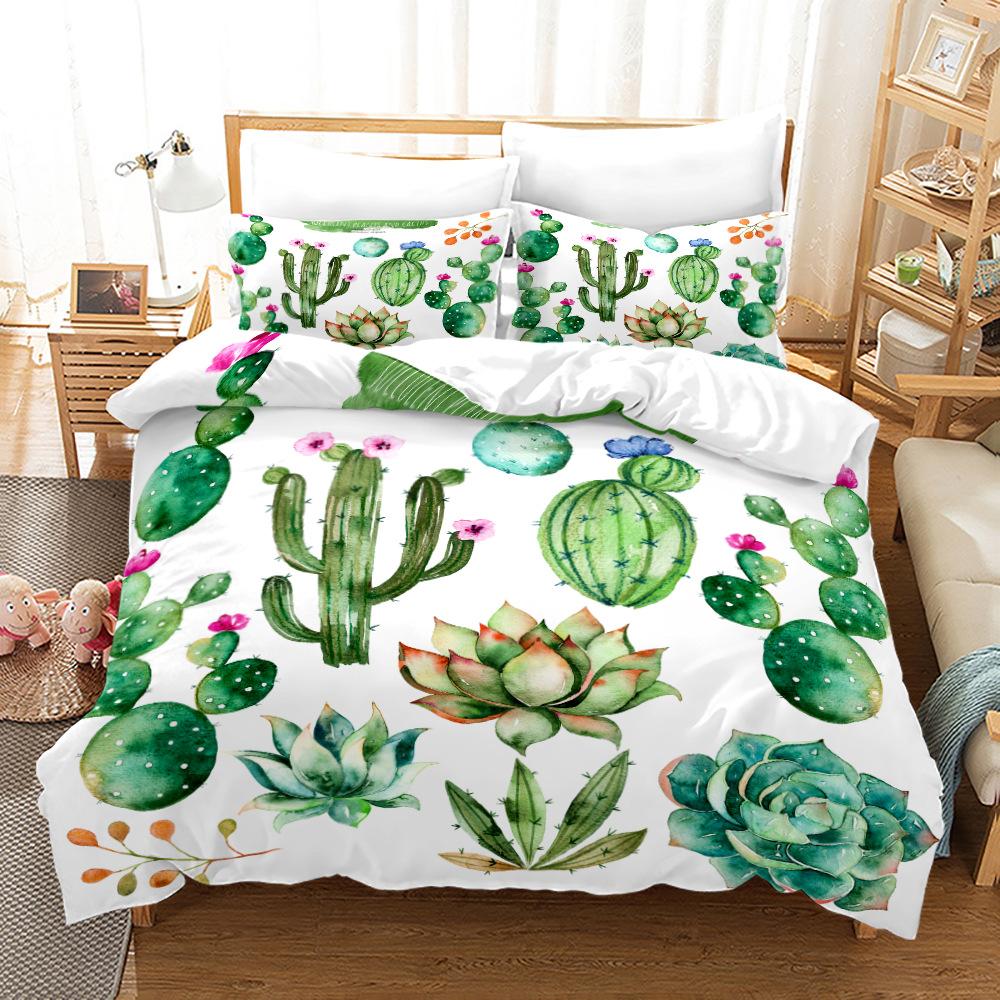 3D-Einzel-/Doppelbett-Pflanzenbettwäsche-Set, Kaktus-Bettbezug, 2/3-teilig, AU140 * 210, volle Größe, weiche Heimtextilien für Kinderzimmer