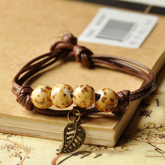 Ethnic Leaf Cat Charm Ceramics Beaded Bracelet Women Handwoven Jewelry Gift