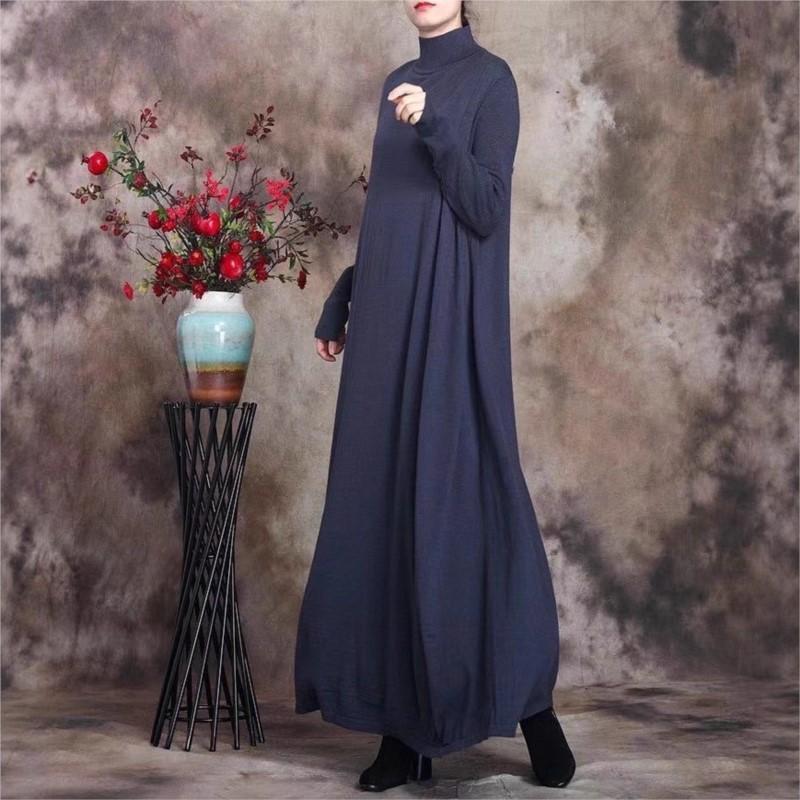 Johnature Women Vintage Knitted Dress Solid Color Half High Collar A-Line Autumn Soft Female Long Dresses