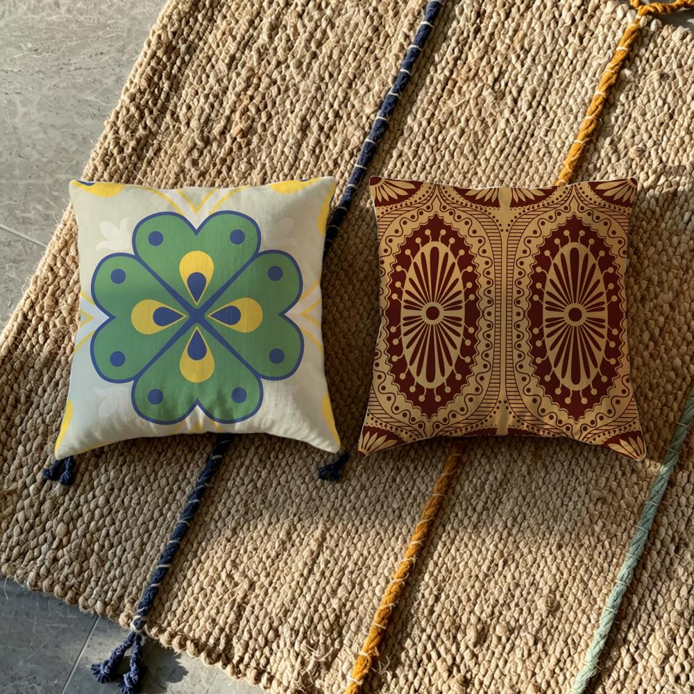 1P-Iberian Tile Cushion Cover Natural Linen Pillowcase Set, All-In-One Decor For Sofa, Bedroom & Chair