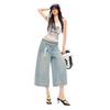Fashion Summer Oversized Belt Detailed Vintage Light Wash Wide Leg Denim Cropped Capri Pants Loose Straight Versatile Slimming Design