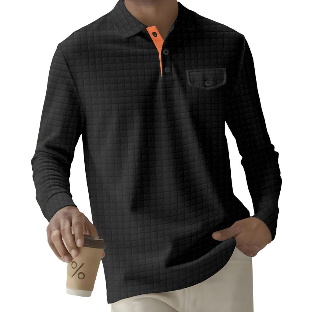 Men's Solid Color Plaid Button Lapel Pocket Long Sleeve Top Men's Casual Fashion Long Sleeve Top