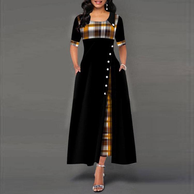 Ladies Vintage Button Dress Patchwork A-Line Dress Women Elegant Long Plaid Print Party Dresses