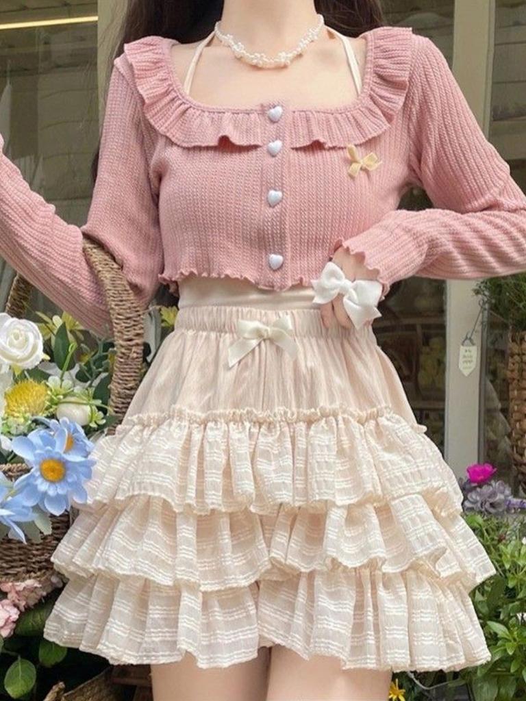 Lolita Bow Mini Skirt for Women Sweet Cute Ruffled Cake Skirt Lace Elastic Waist Casual Japanese Style Clothing