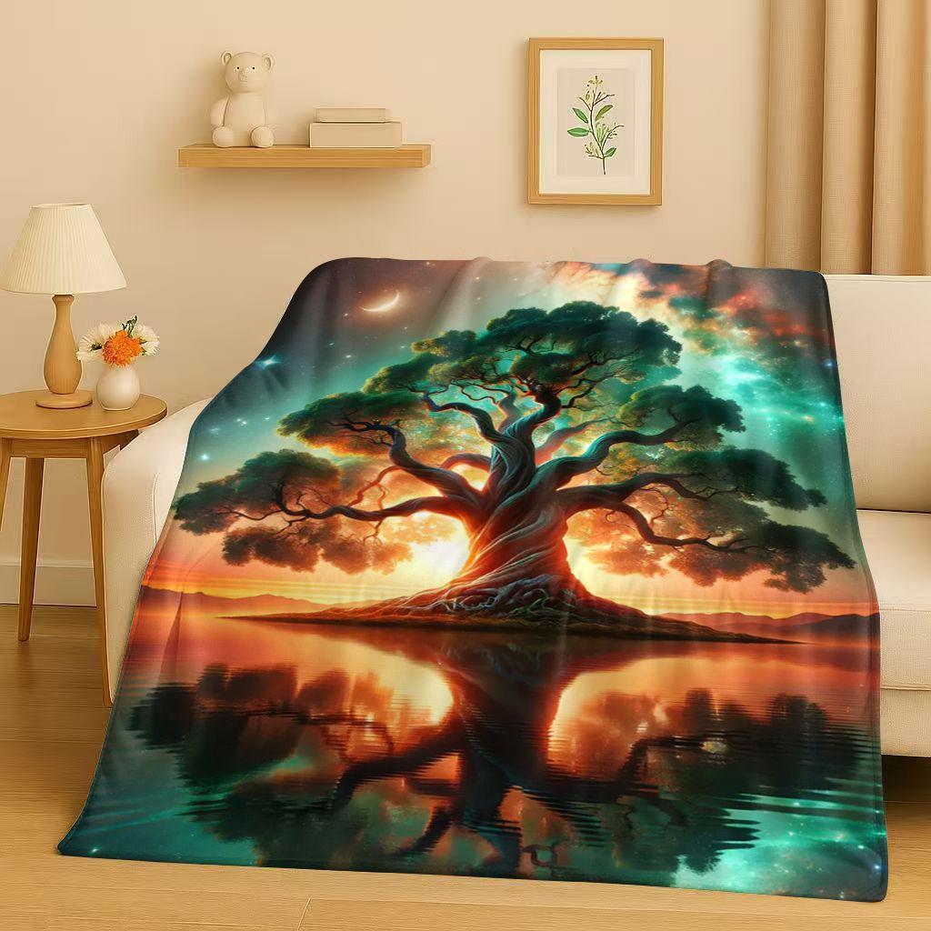 Retro Kleurrijke Levensboom Yggdrasil Keltisch Runen Flanellen Deken, Ultra Zachte Pluche Plaid voor Huis Slaapkamer Bed Bank Cover Kinderen