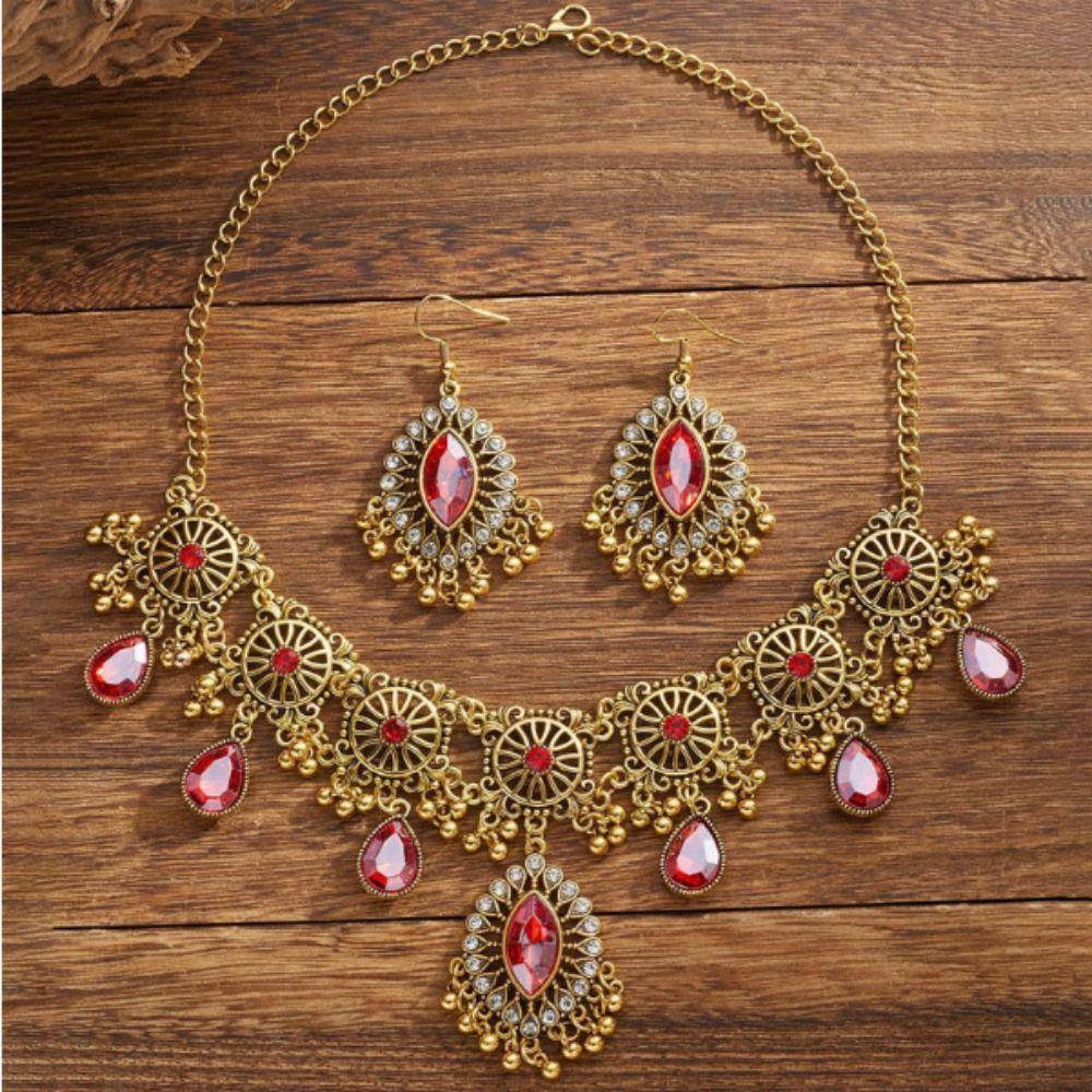 Rhinestone Inlaid Necklace Earrings Set Water Drop Pendant Women Jewelry Set Bridal