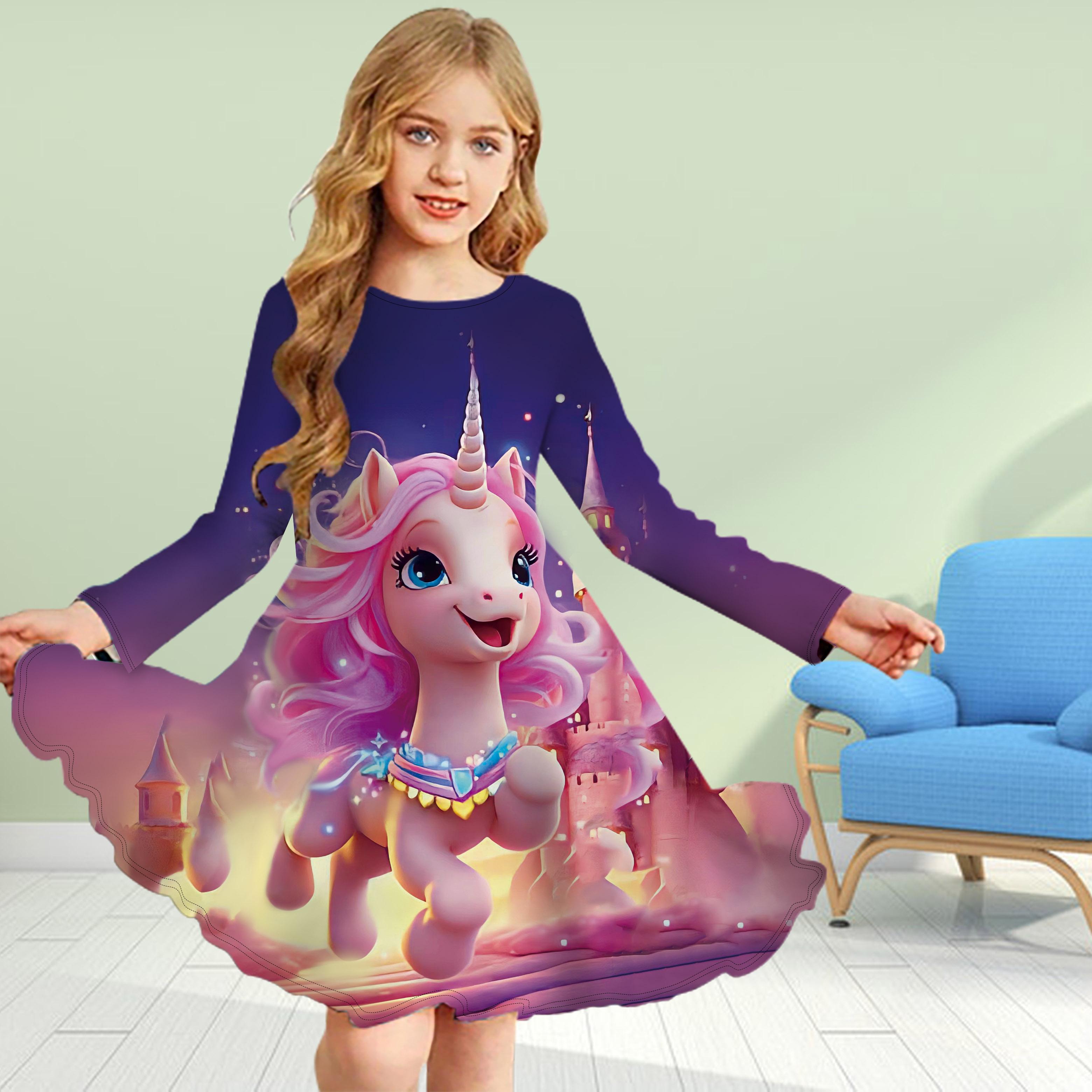 

Повседневное платье для девочек с 3D-принтом, розово-красным единорогом, круглым вырезом и длинными рукавами, детское платье принцессы 130 розовый