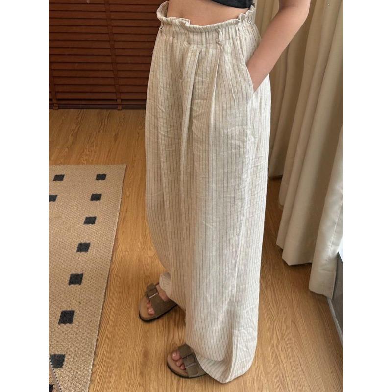 

Summer Loose Pants Cotton Linen Linen High Waist Elastic Comfortable Breathable Wide Leg Pants Women s Loose Striped Casual Pants S белый