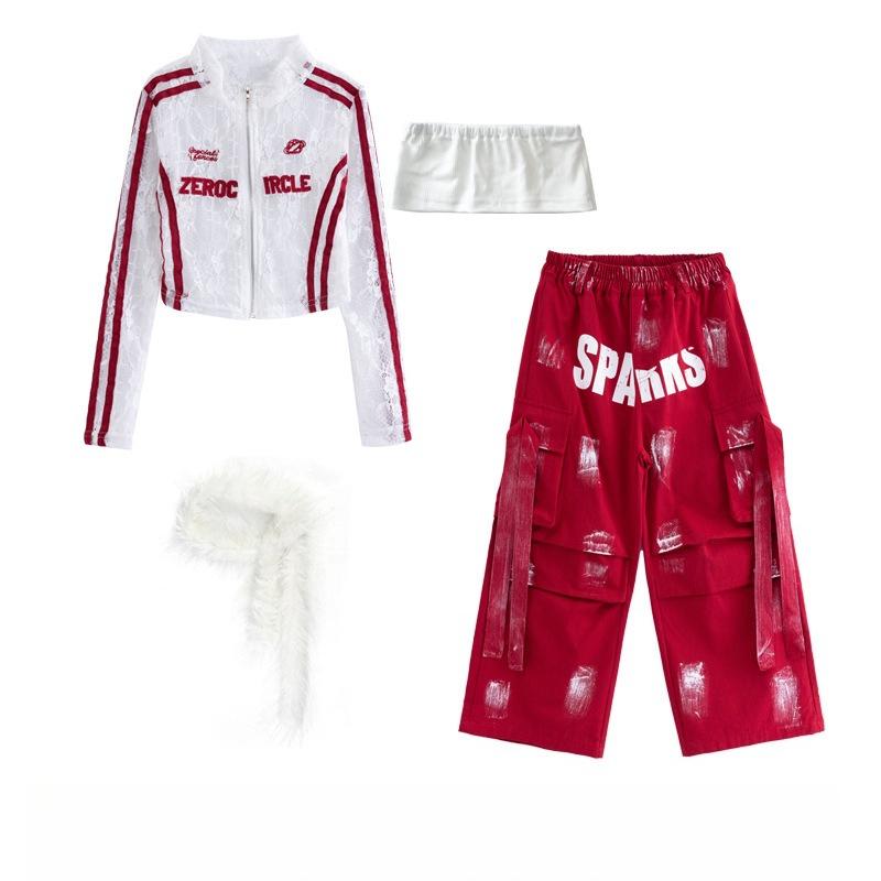 Girls Hip Hop Mesh Crop Jacket Paint-Speckled Cargo Pants Costumes Kids Streetwear Children Jazz Girl Group K-pop Clothes Sets