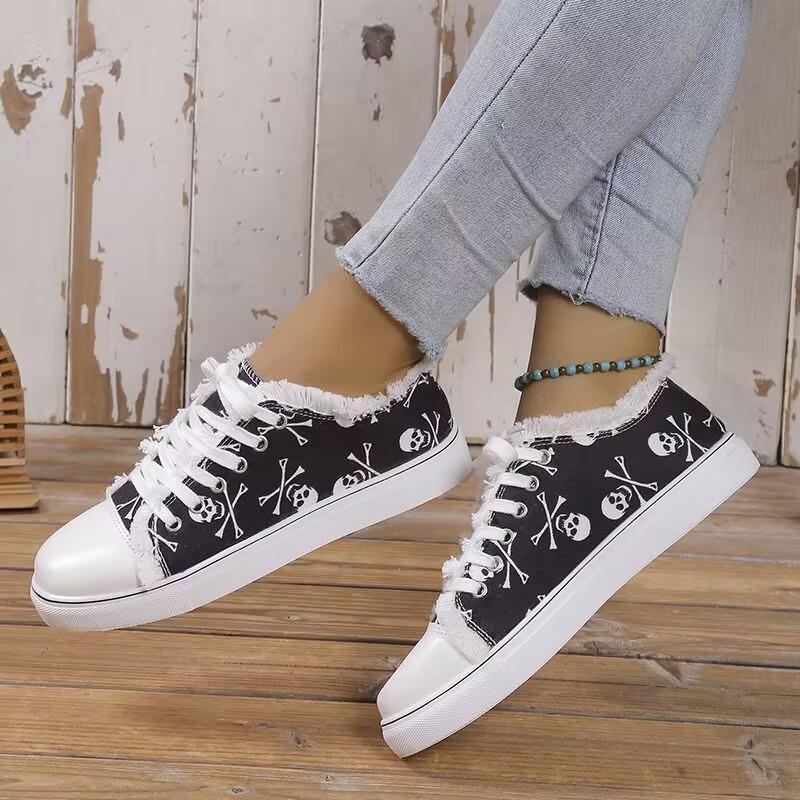 Mode Damen Sneaker Totenkopf Fledermaus Muster Flache Vulkanisierte Schuhe Mode Schnür-Sneaker Damen Lässige Atmungsaktive Canvas Schuhe