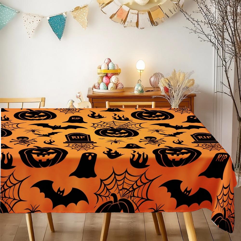 Halloween Rectangle Table Cloth Pumpkin Bat Spider Ghost Tombstone Tablecloth Reusable for Kitchen Dining Halloween Decoration