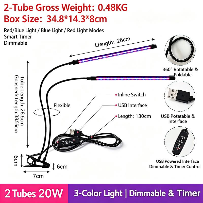 1200LM Luminous Flux Clip-On LED Grow Light with Gooseneck 1/2/3/4-Head Growing Lamp Kit 5V USB Powered Timer & Dimmable, for Greenhouse Hydroponics