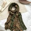 Korean Vintage Military Green Polka Dot Crinkled Scarf Women Lightweight Cotton Linen Shawl Accessory