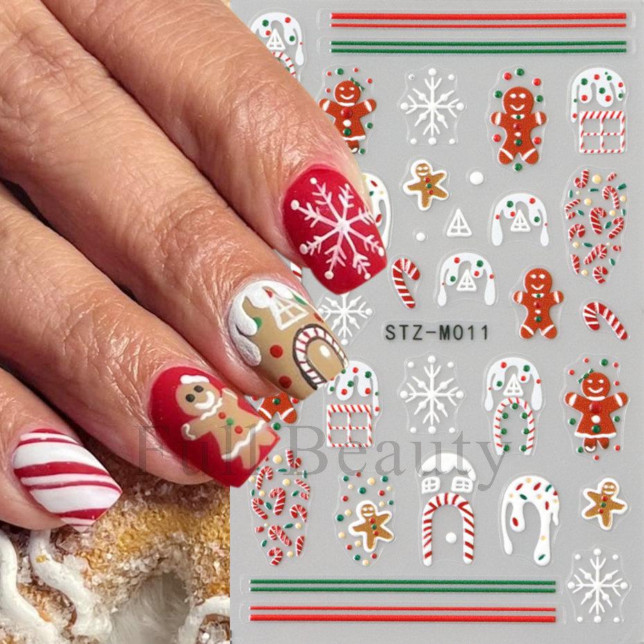 Nail Art Stickers, Christmas Cartoon Gingerbread Man Snowflake Lines Micro-Engraved Adhesive-Backed Nail Art Stickers