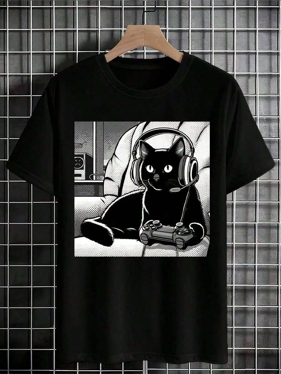 Unisex Black Casual Cat Print T-shirt L