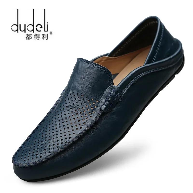 Italian Summer Hollow Shoes Men Casual Luxury Brand Genuine Leather Loafers Men Breathable Boat Shoes Slip On Moccasins
