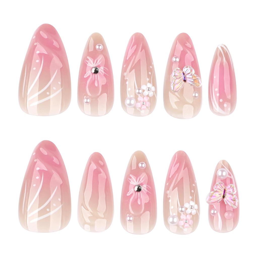 Cross-Border Blush Almond Shape Short Wearable 3D Flower Nail Art Tips