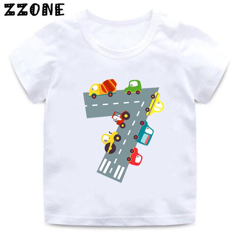 Hot Sale Different Car Print Funny Boys Clothes 1 2 3 4 5 6 7 8 9 Years Birthday Number Cartoon Kids T shirt Baby Girls TShirts