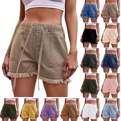 Summer Women's Denim Shorts Solid Color Elastic Waist Drawstring Casual High Waist Denim Shorts with Pockets