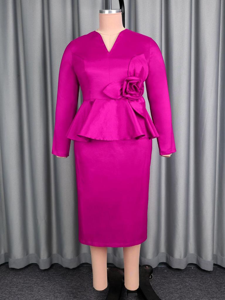 Plus Size 3D Floral Ruffle Sleeve Slimming Dress