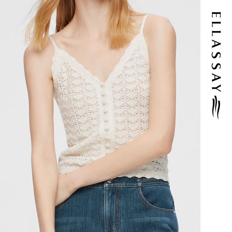 ELLASSAY Women's Lyocell Crochet Knit V-Neck Top
