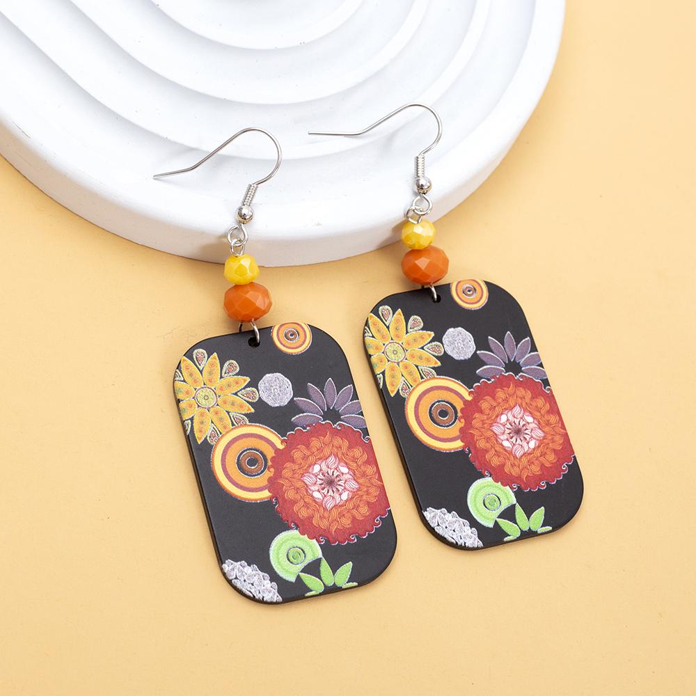 Acrylic Relievo Colorful Print Women's Flower Earrings Dangle Vintage Elegant Personality Jewelry New Clothing Accessories Gift