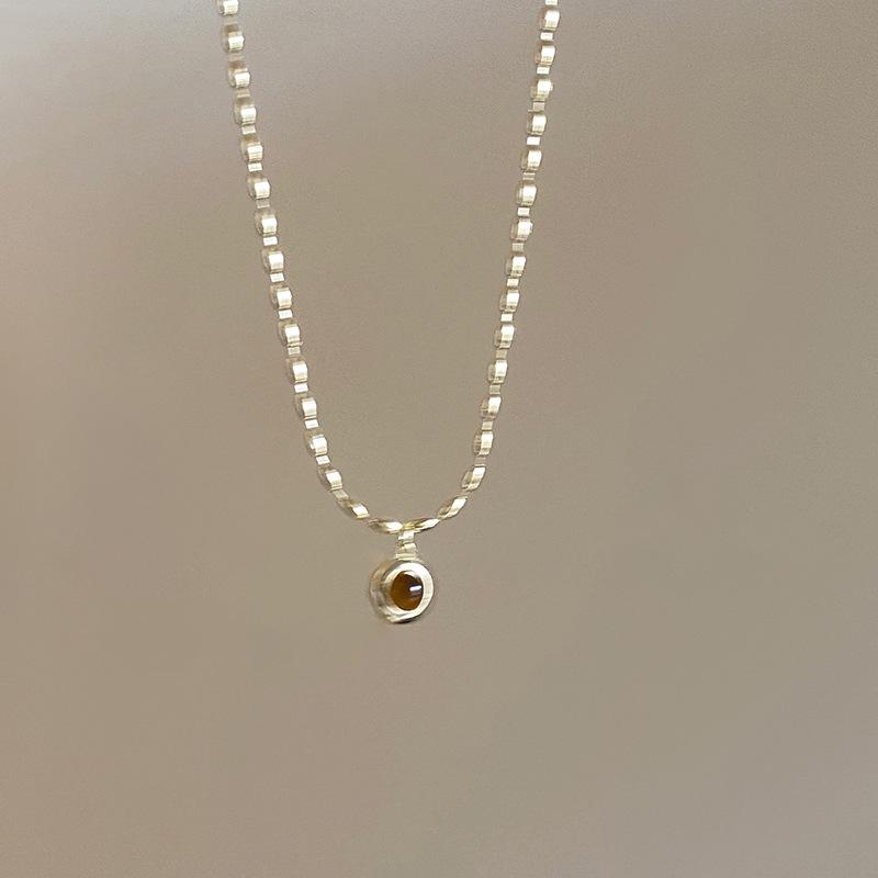 Oval Bamboo Joint Artificial Tiger's Eye Stone Necklace Ins Style Simple Light Luxury Collarbone Chain Personalized Fashion Versatile Necklace