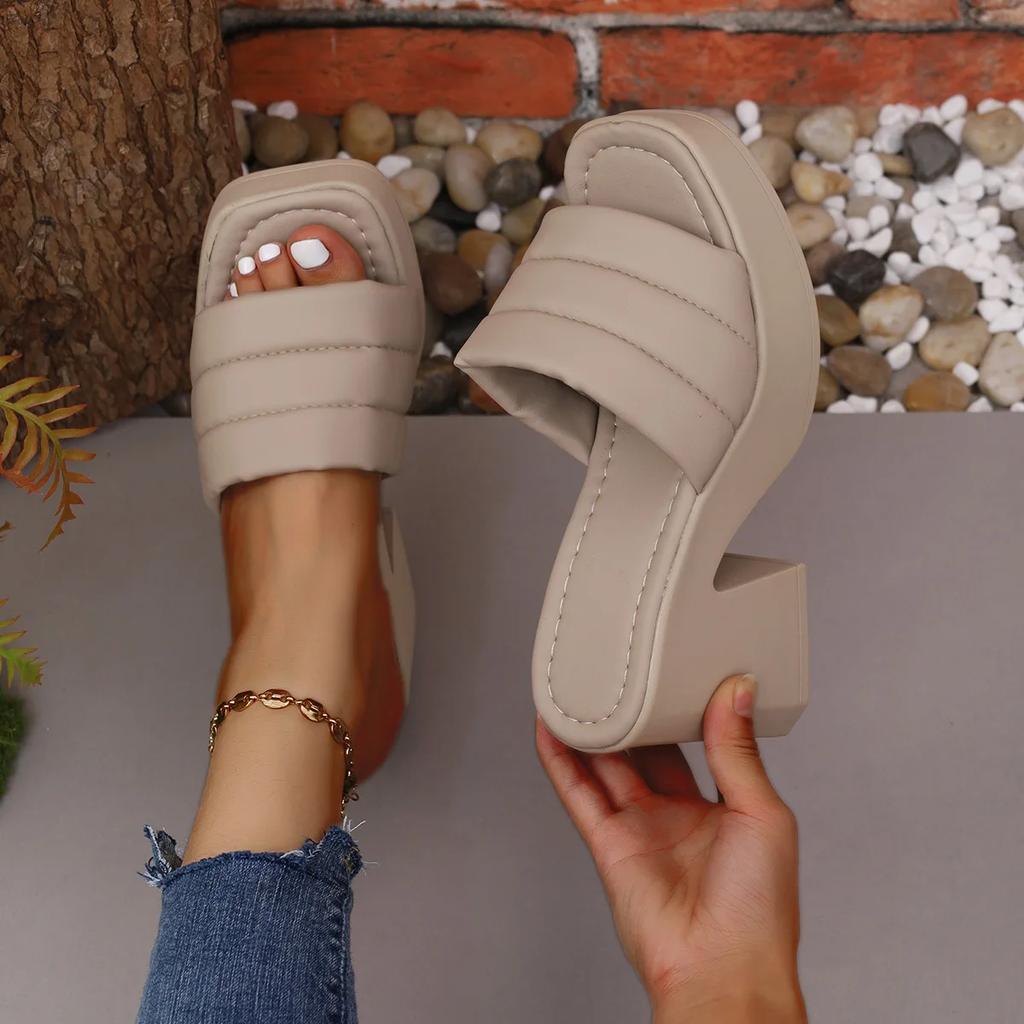 New Women's Thick Sole Thick Heel Square Head Slippers Women's Summer Outwear High Heel Stripe Sandals