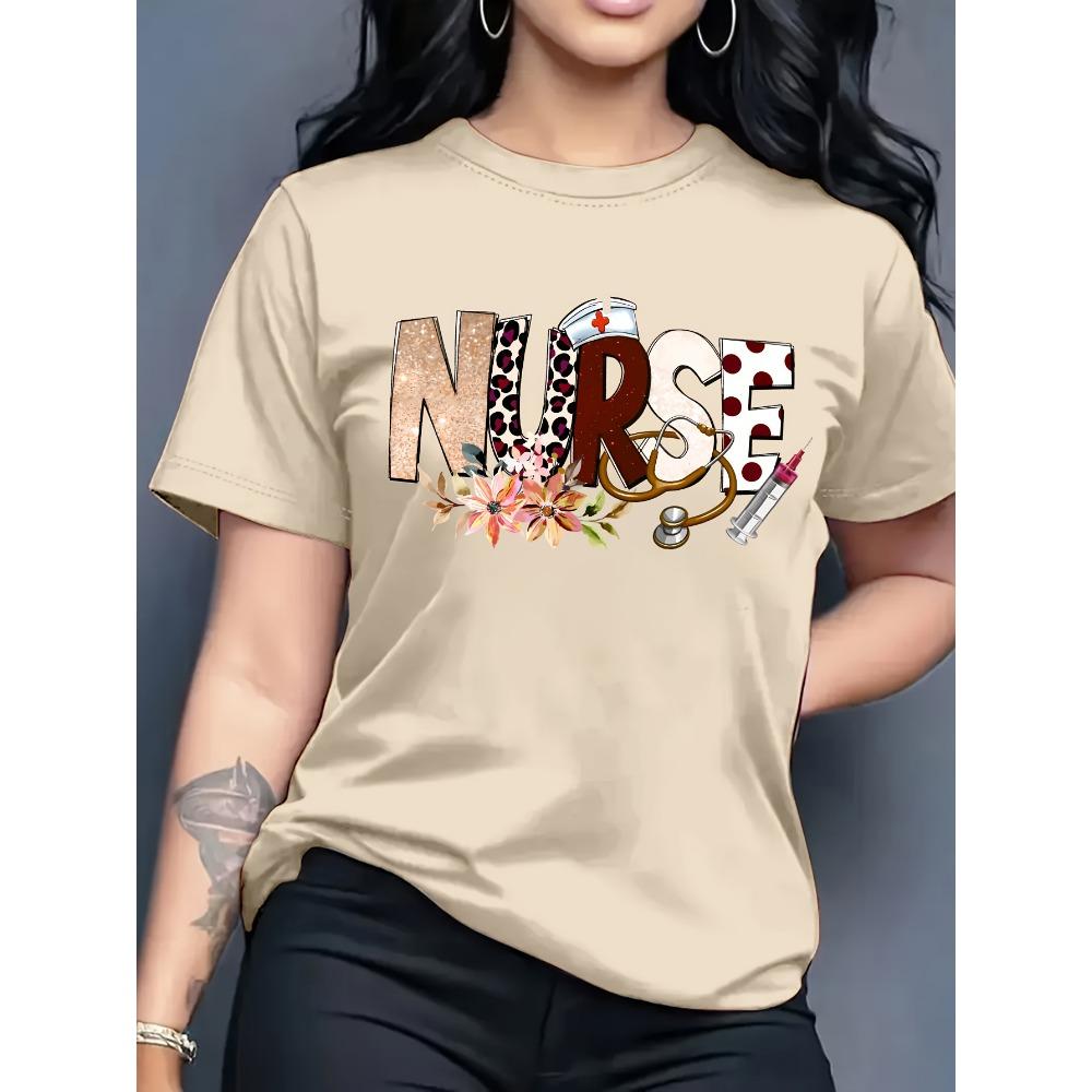 

Women Cotton Short Sleeves T-shirts Floral Leopard Nurse Women s Tee Cute Medical Graphic Casual Healthcare Top S
