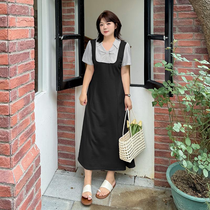 Large Size Summer New Fat MM Waist Fake Two-piece Lapel Kink Design Women's Medium and Long Dress 262558