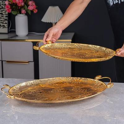 European Fruit Tray, Household Metal Hollowed-out Shape Exquisite Handle Cake Plate,Gold Snack Plate Wedding Decoration,20inch