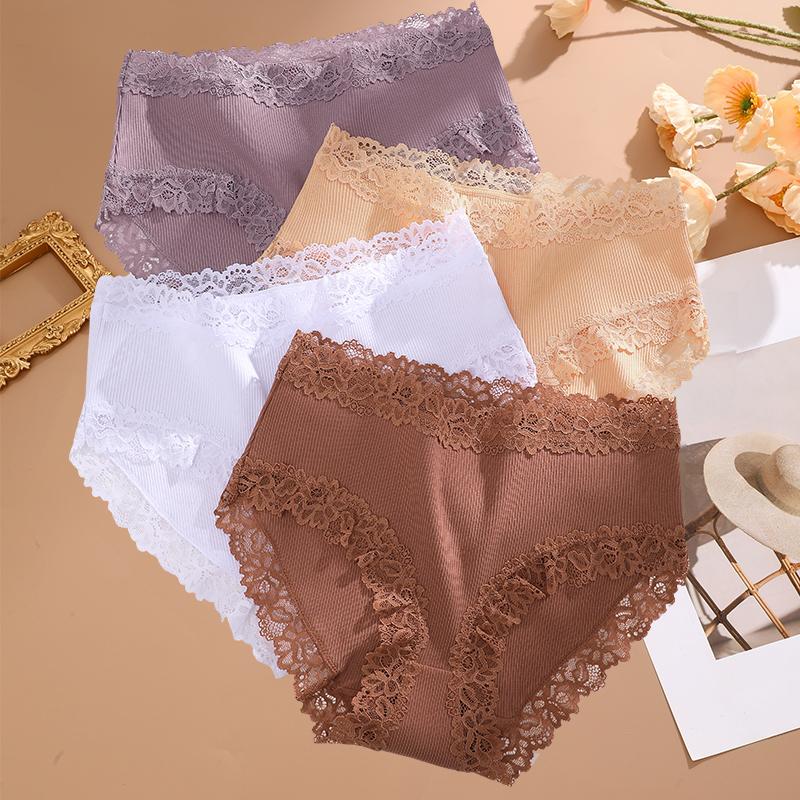 FINETOO 4PCS Sexy Lace Cotton Panties for Women Flroal Lace Seamless Briefs High Rise Lingerie Female Breathable Soft Underwear