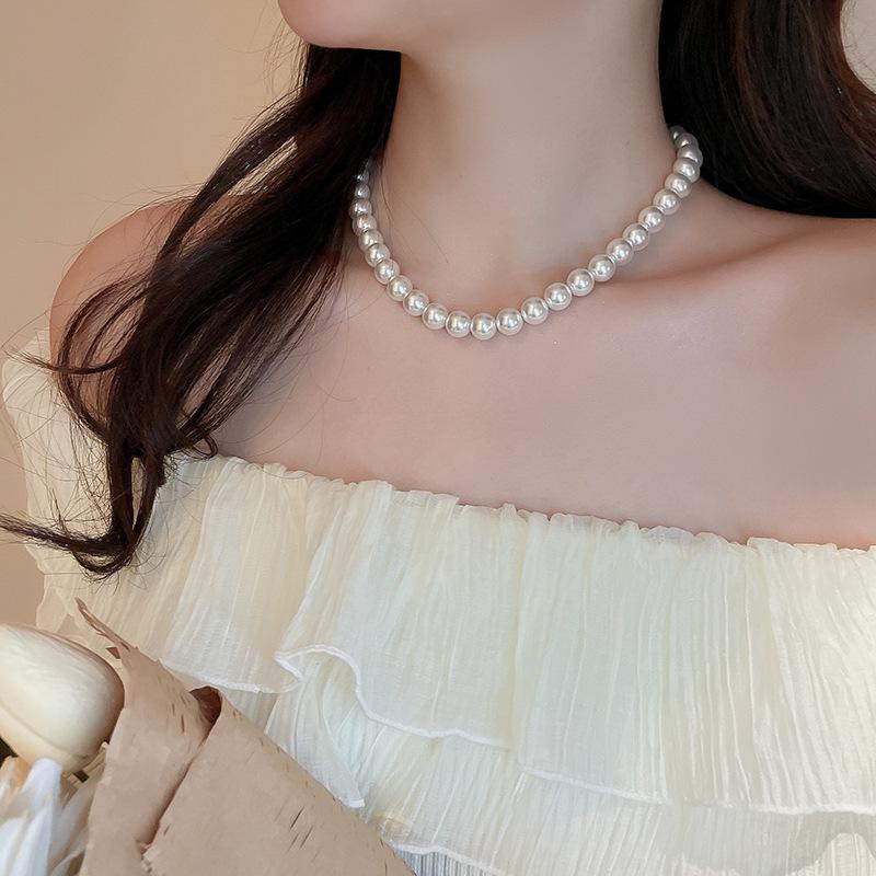 French Long Stacked Colored Pearl Necklace, Simple Temperament Collarbone Chain, Retro Necklace for Women