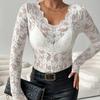 Elegant V-neck, Scalloped Neckline, Single-layer Solid Lace Long-sleeved T-shirt, Slim Fit Slim Slim Top for Women