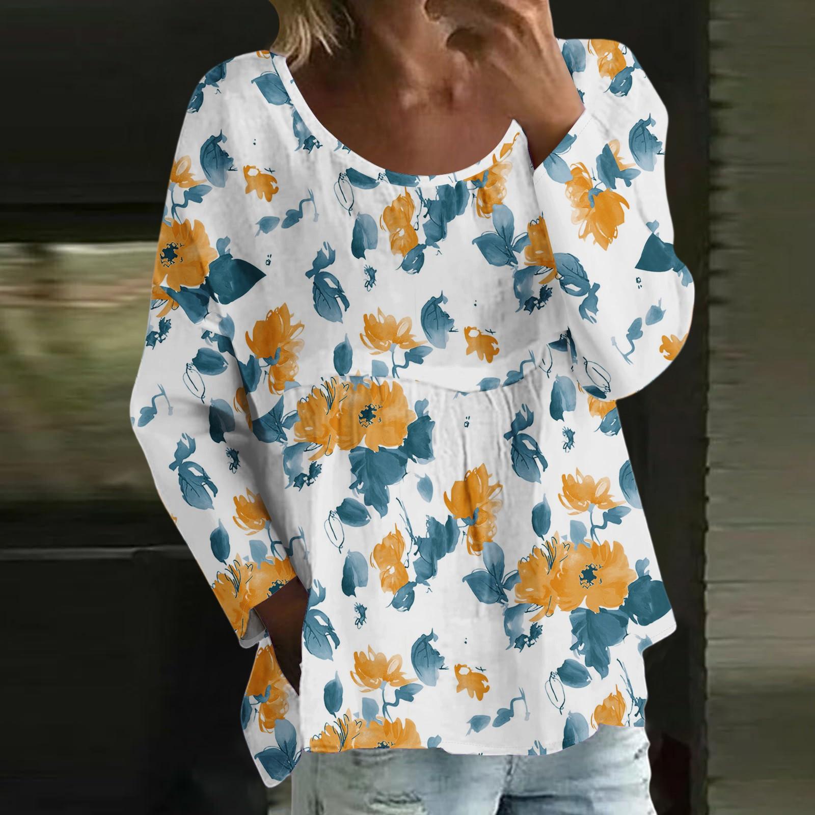 

Women s Casual Fashion Loose Round Neck Floral Print Long Sleeve Top M білий