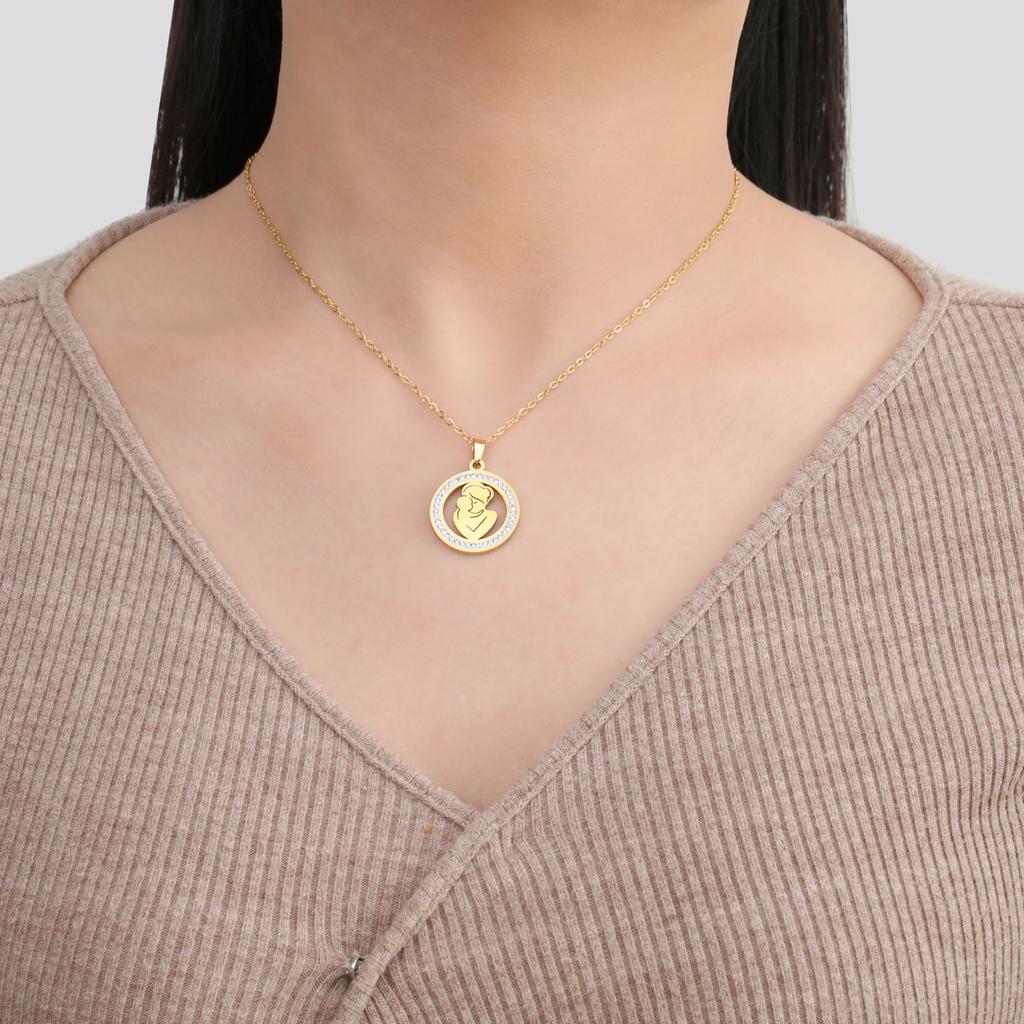 Xiaomi Mom Baby Clear Zircon Round Pendant Necklace Stainless Steel Gold Color Choker Fashion Family Jewelry Mother's Day Gift New In