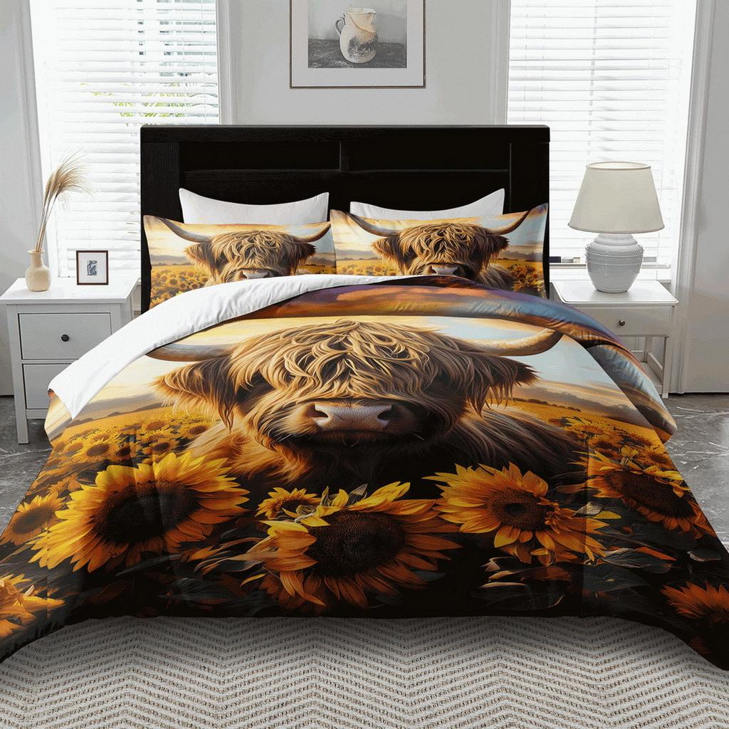 Cow Theme Duvet Cover Set - 2/3pcs, Soft Comfortable Breathable Sunflower Print Bedding, Farm Animal Print Comforter Cover Set, 100% Polyest