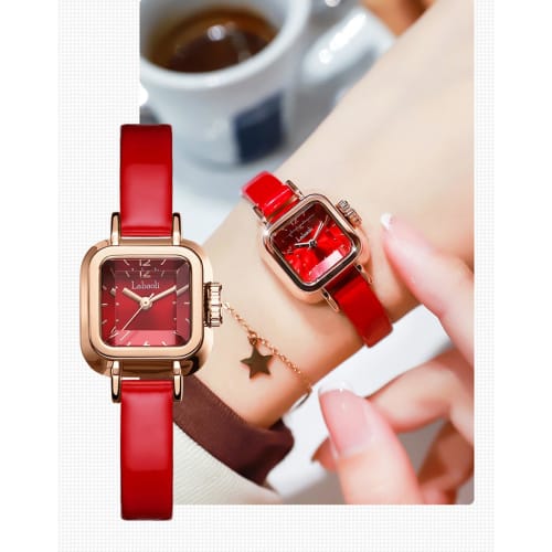Women's Square Wristwatch, Small, Stylish, Waterproof, Leather Strap, Simple, Cute, Casual, Red, Perfect Gift for High School Students