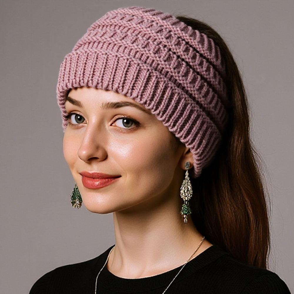 Solid Color Ponytail Beanie Hat Headwear Women's Hat Warm Knitted Hat  Winter