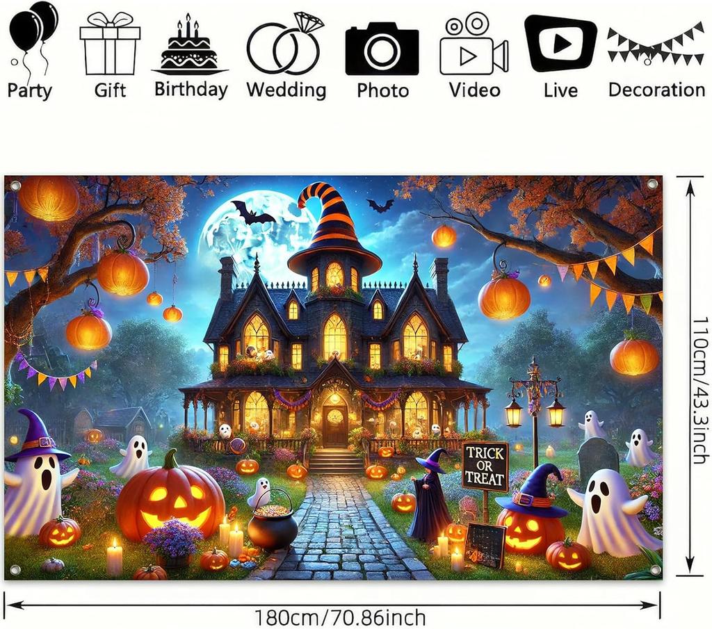 BlissYard Happy Halloween Banner 71 x 43 Inch Haunted House Ghost Backdrop