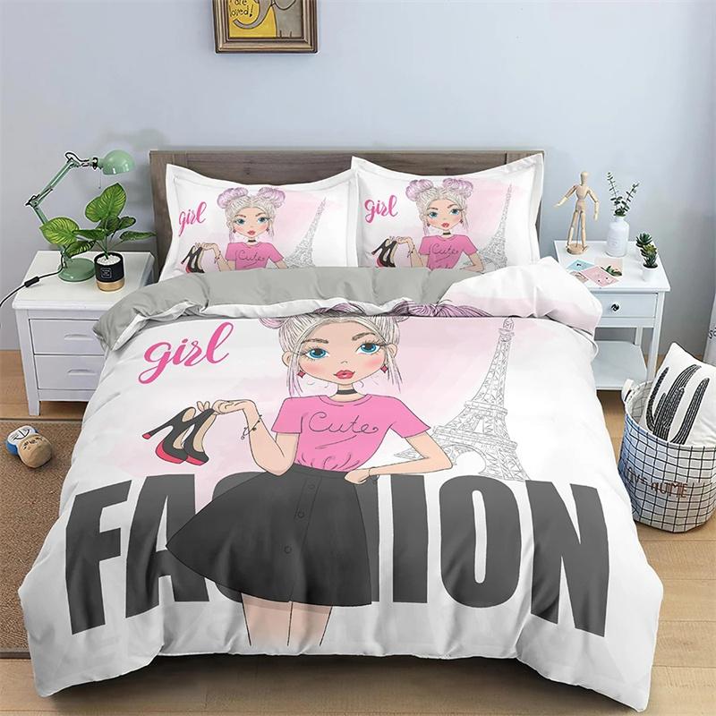 Cartoon Girls Duvet Cover Cute Lipstick Fashion Theme for Women Gifts for Bedroom Decorations with Pillowcase Queen King Size