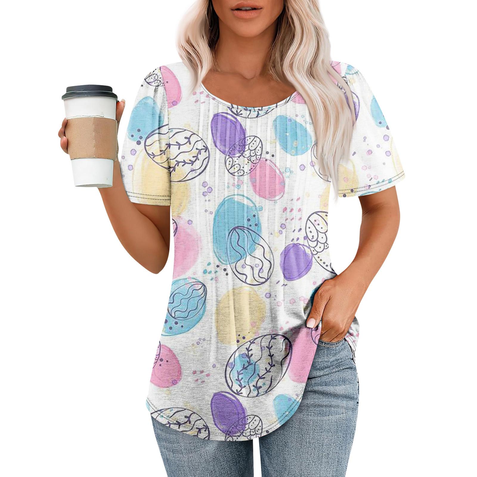 

Жіноча великодня футболка з принтом, повсякденна плісована з круглим вирізом та короткими рукавами L