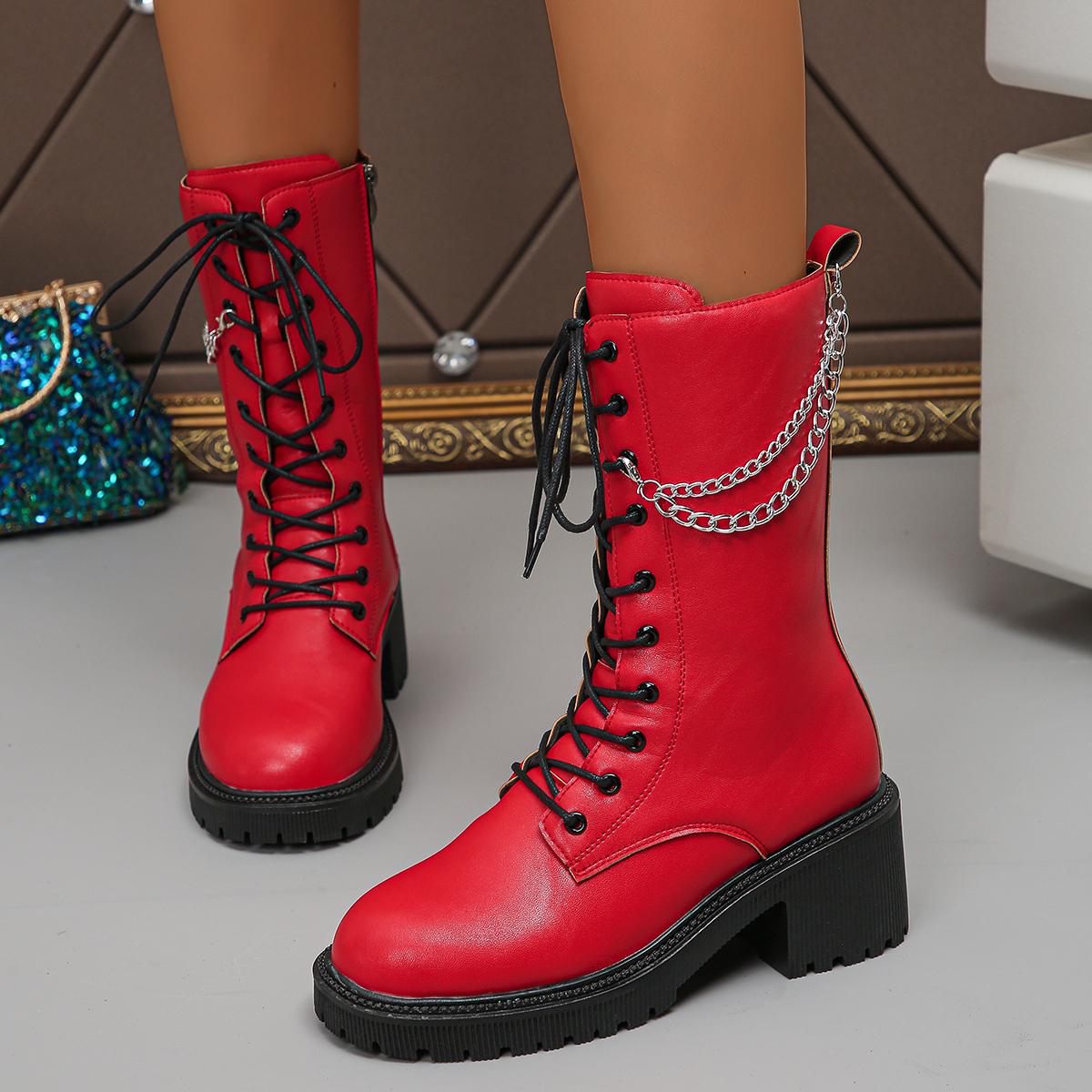 

fashion Punk Style Chain Decor Combat Boots Women Autumn Winter Chunky Heels Mid Calf Boots Woman Fashion Zipper PU Leather Botas Mujer 42 красный