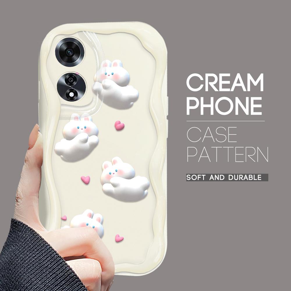 For OPPO A17 A18 A38 A58 A98 Reno7 Z 8Z 8T 11F 11 Pro Realme 12 Lite 12 Pro C30 Cute Rabbits Cream Texture Casing Wavy Edge Soft Silicone Phone Case