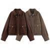 Womens Vintage Loose Fit Jacket Solid Color Turn Down Collar Zip Up Casual Outerwear Fall 2025
