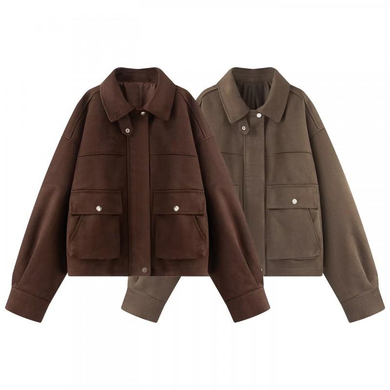 Womens Vintage Loose Fit Jacket Solid Color Turn Down Collar Zip Up Casual Outerwear Fall 2025