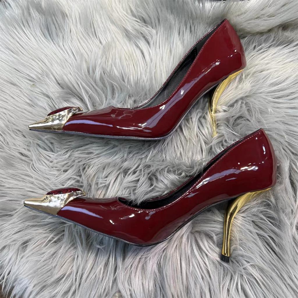 Fashion Black Golden Patchwork Women Sandals High Heel Patent Leather Square Toe Slip On Stiletto Cover Heel Luxury Summer Dress Shoes