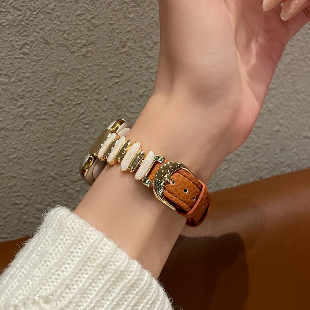 Women Luminous Moon White Beaded Lychee Grain Spliced Leather Slim Strap for Apple Watch Series12 11 10 SE1 2 3/Ultra4 3 2 38/42/44/45/49 mm