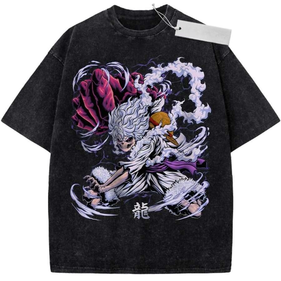 Unisex Washed Purple Vintage Tshirt One Piece Kaido Human Dragon Dragon Kanji Highquality Fabric for Home Leisure Travel